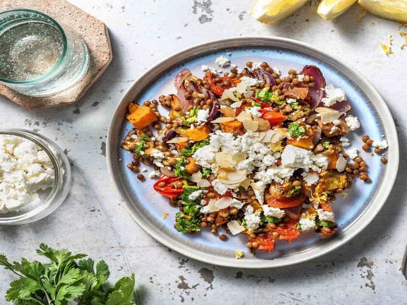 Roasted Veggie & Lentil Jumble with Feta, Toasted Almonds and Herby