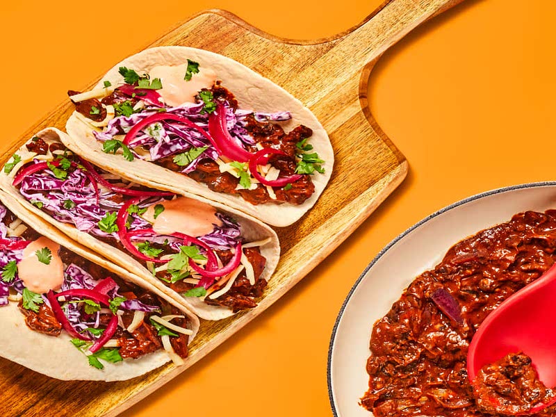 Smashed Black Bean Tacos with Creamy Slaw, Pickled Onion & Red Pepper