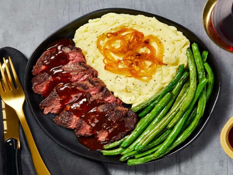 Bavette Steak And Roasted Garlic Pan Sauce With Mashed Potatoes And Asparagus Recipe — Samsung Food