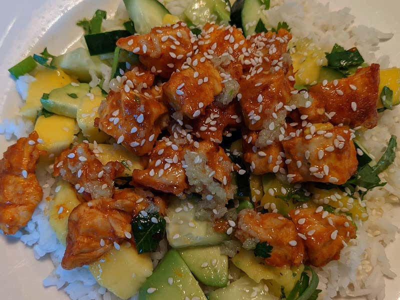 Chili Crisp Chicken Mango Cucumber Rice Bowl Recipe — Samsung Food