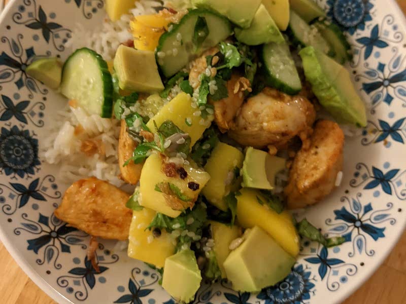 Chili Crisp Chicken Mango Cucumber Rice Bowl Recipe — Samsung Food