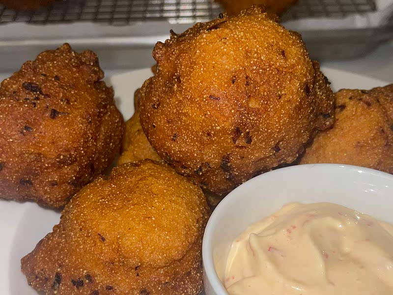 Prawn Shrimp Hush Puppies With Garlic and Chilli Mayo