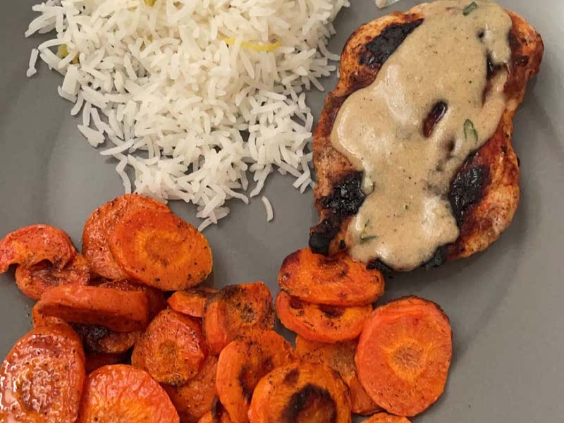 Paprika Chicken in a Lemony Sauce with Pistachio Rice & Roasted Carrots