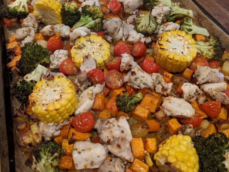 Sheet Pan Chicken with Rainbow Vegetables, Lemon and Parmesan