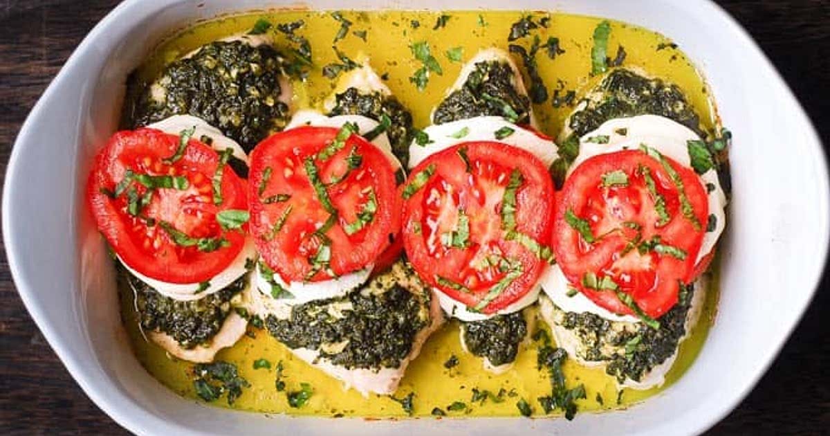 Basil Pesto Tomato Mozzarella Chicken Bake Recipe — Samsung Food