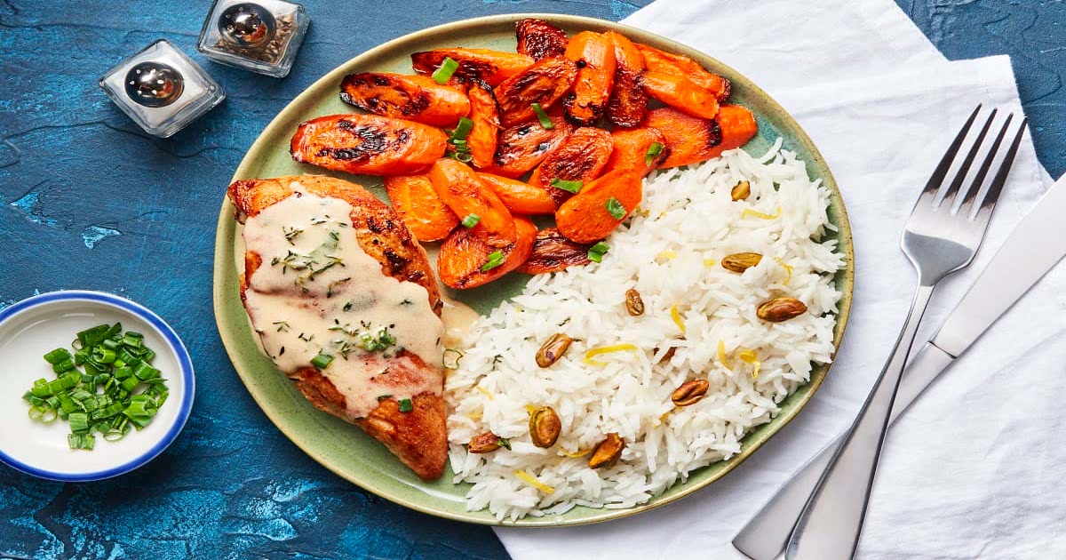 Paprika Chicken in a Lemony Sauce with Pistachio Rice & Roasted Carrots