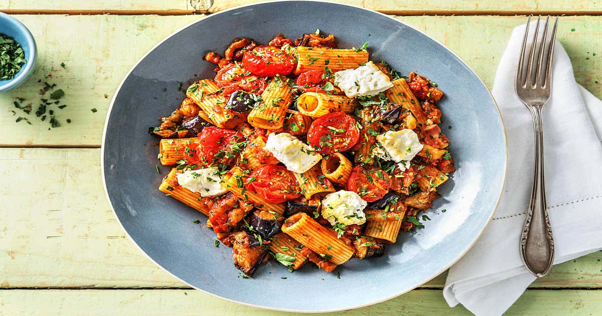 Bacon Rigatoni with Aubergine, Tomato & Feta Recipe Samsung Food