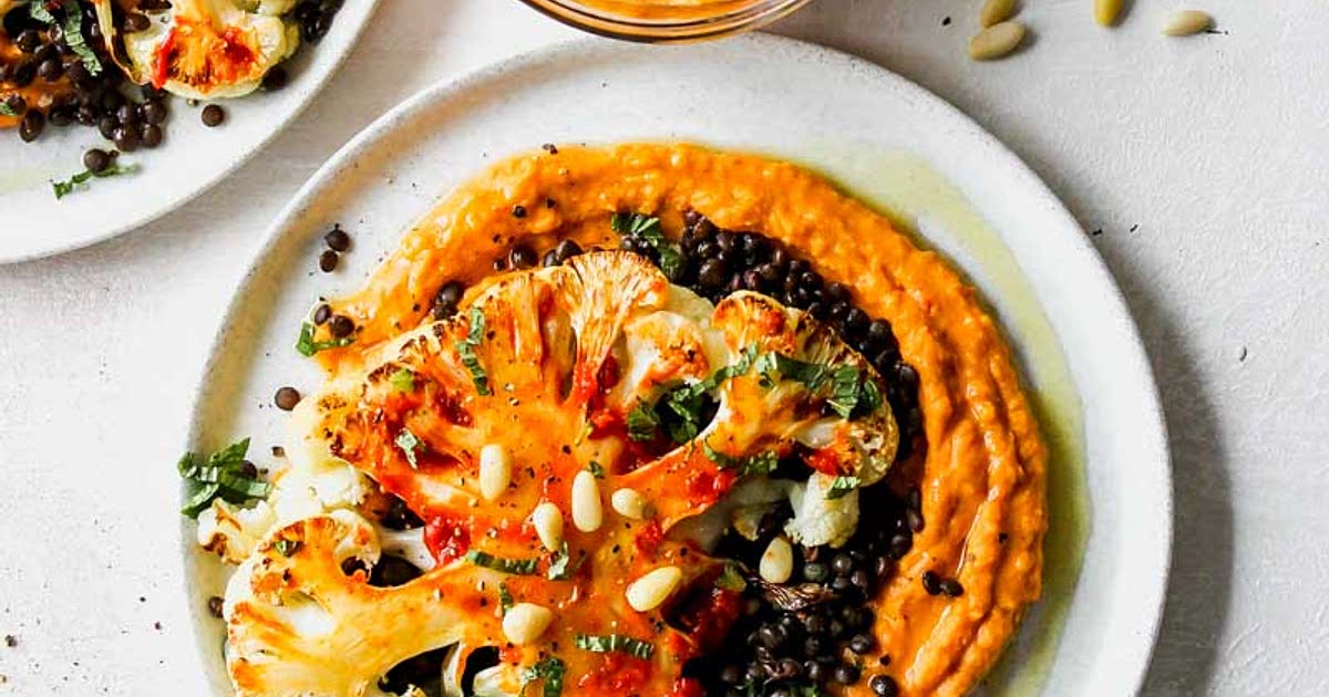 Cauliflower Steaks with LemonCaper Lentils and Harissa "Hummus" Recipe