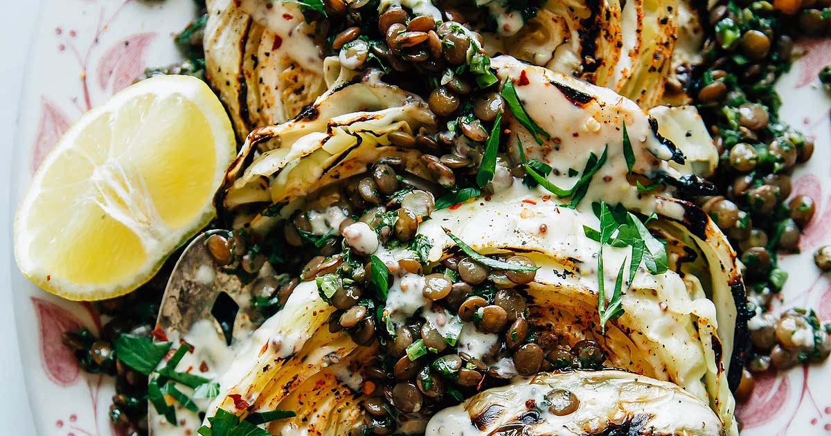 Grilled Cabbage Steaks with Jalapeño Chimichurri Lentils & Maple