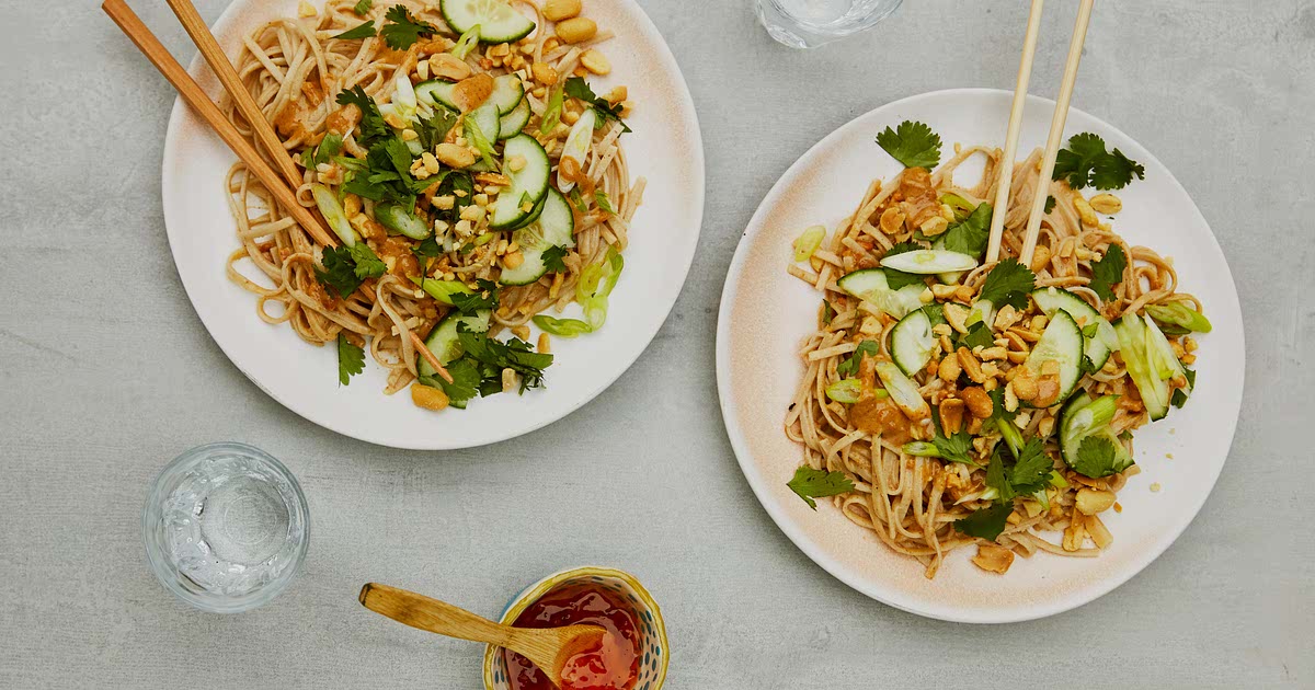 Peanut butter brown rice noodles with cucumber and ­­spring onions