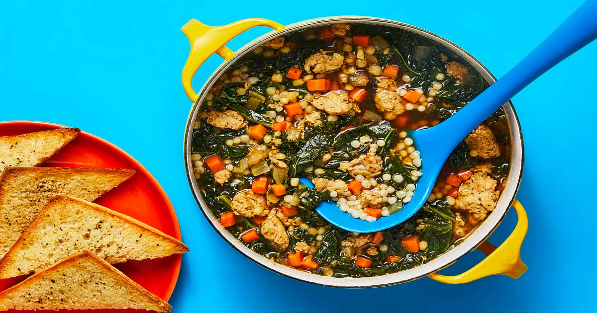 OnePot Chicken Sausage & Kale Soup with Couscous & Garlic Ciabatta