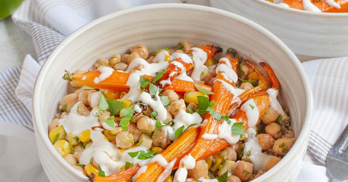 Quinoa Bowl with Roasted Carrots, GarlicLime Chickpeas & Cumin Yogurt