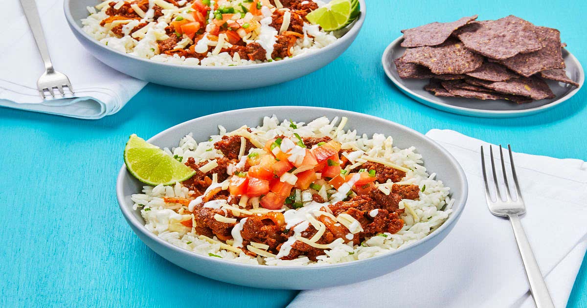 San Antonio Beef Bowls with Blue Corn Tortilla Chips, Fresh Salsa