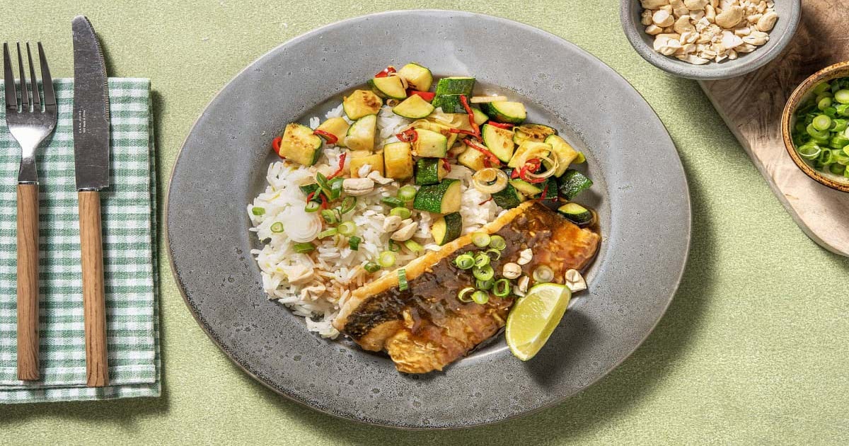 Seehecht in Teriyakisoße mit scharfer Zucchini dazu Limettenreis Recipe ...
