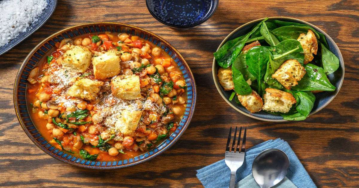 Chickpea Ribollita Stew With Parmesan Croutons And Spinach Salad Recipe Samsung Food App 