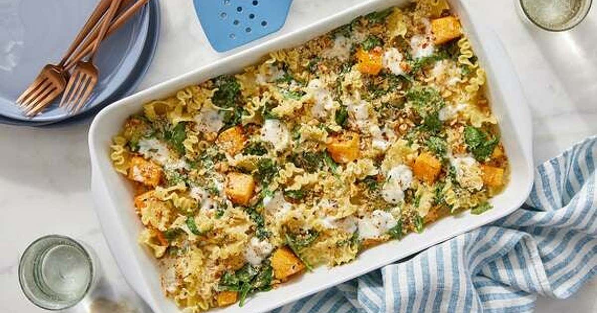 Creamy Butternut Squash Pasta Bake with Spinach & Walnuts Recipe