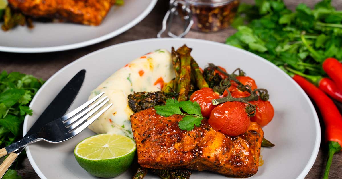Baked Spicy Salt & Pepper Salmon Fillet with Herby Mash Potato by