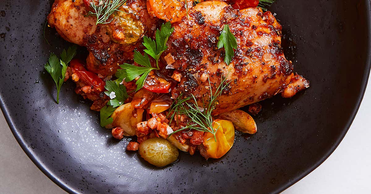 SheetPan Chicken With Jammy Tomatoes and Pancetta Recipe Samsung Food