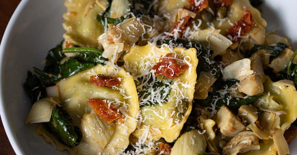 Ravioli with Artichokes Hearts, Capers, SunDried Tomatoes, Spinach
