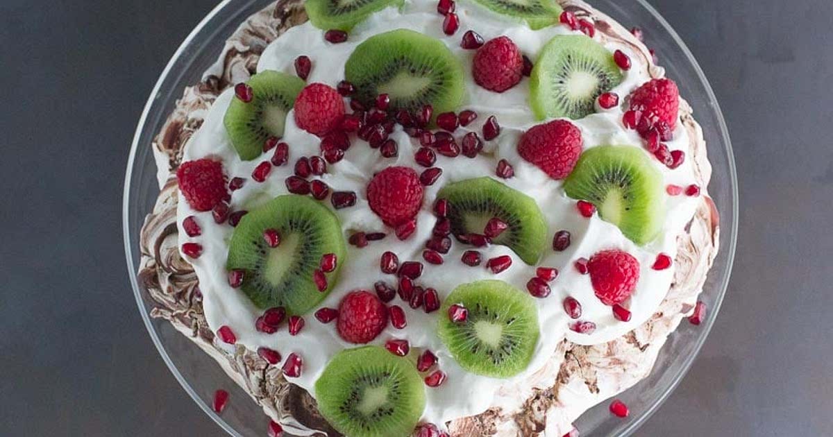 Low FODMAP Chocolate Pavlova with Pomegranate, Raspberries & Kiwi