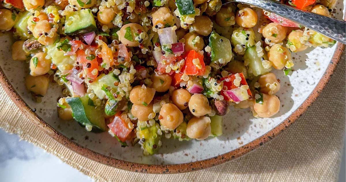 15 min Chickpea Quinoa Salad with cumin tahini dressing Recipe