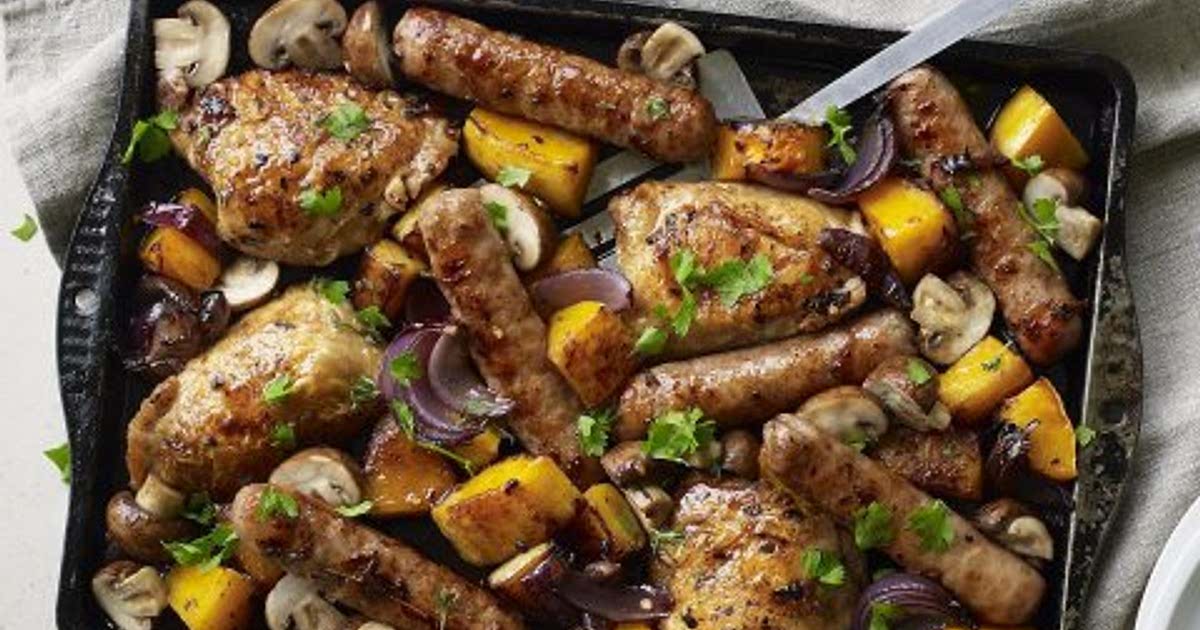 Sausage, chicken and squash traybake Recipe Samsung Food
