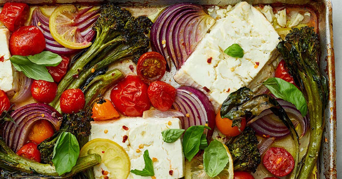 SheetPan Baked Feta With Broccolini, Tomatoes and Lemon Recipe