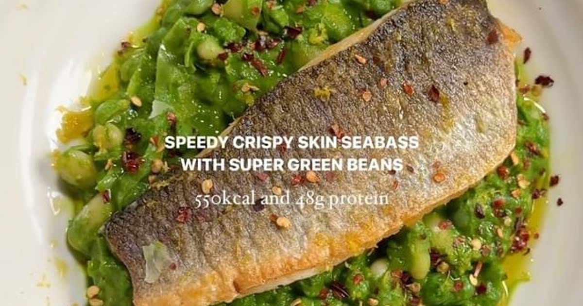 Speedy crispy skin sea bass with super greens Recipe — Samsung Food