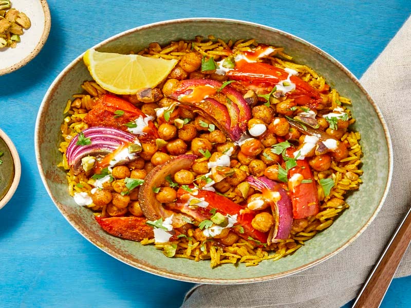 Middle Eastern Chickpea Bowls with Pistachio Rice & Garlicky White
