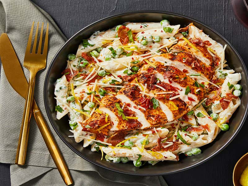 Palermo Prosciutto & Chicken Penne with Peas & Parm Recipe Whisk