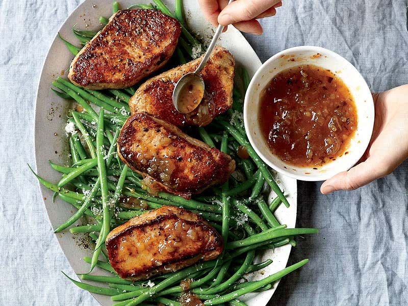 Pork chops with fig sauce and Parmesan green beans Recipe Whisk