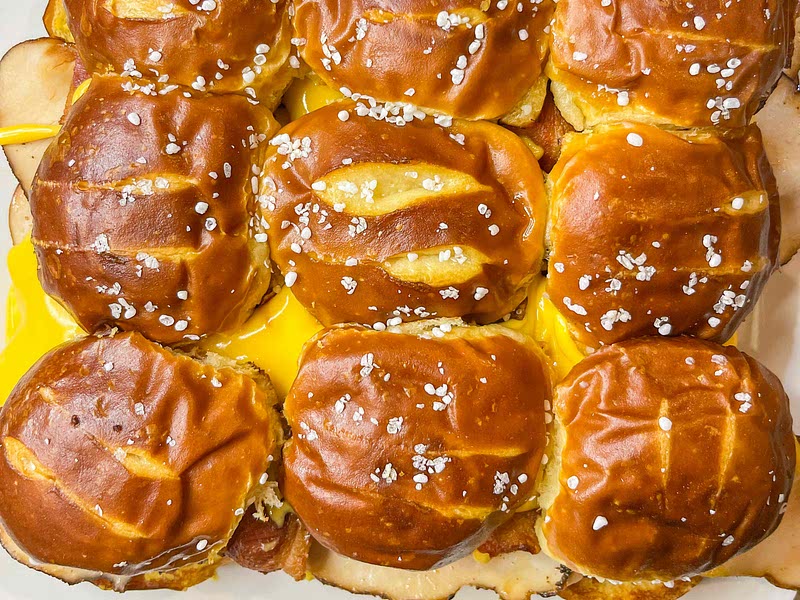 Cheesy Turkey Bacon Pretzel Sliders Recipe Whisk