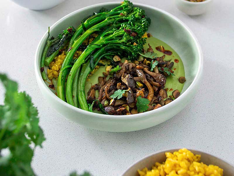 SHREDDED MUSHROOMS WITH CORIANDER DIP & BROCCOLINI Recipe Whisk