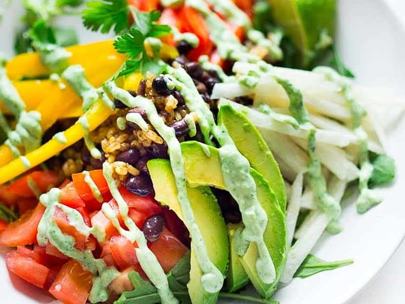 Vegan Burrito Bowl with Creamy (Vegan) Cilantro Sauce Recipe Whisk