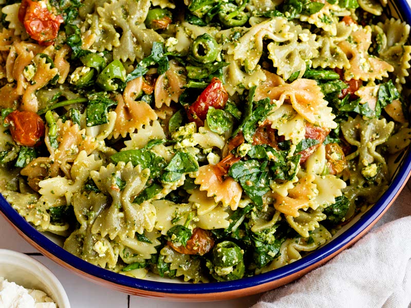 Cold Bowtie Pasta Salad with Feta Cheese and Spinach Recipe Whisk