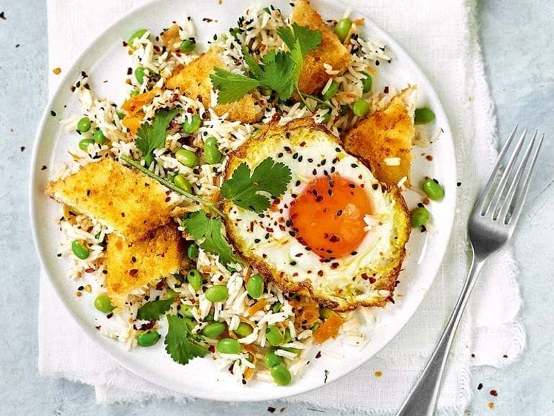 Fish finger kimchi rice with edamame and a fried egg Recipe Samsung Food