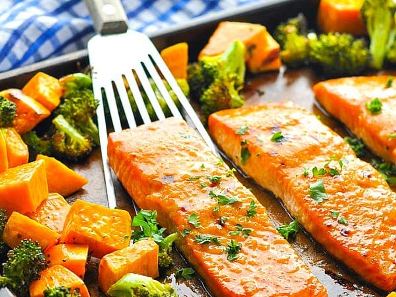 Sheet Pan Dinner MapleGlazed Salmon with Sweet Potatoes and Broccoli