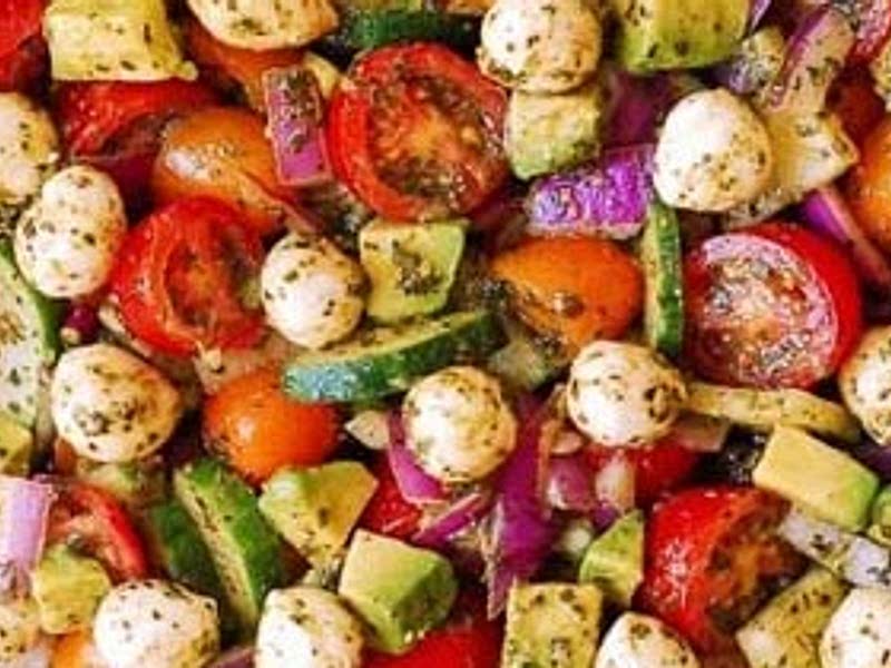 AVOCADO SALAD WITH TOMATOES, MOZZARELLA, BASIL PESTO Recipe Samsung Food