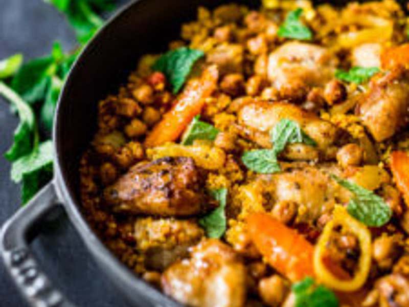 Tunisian Tagine (w/ Chicken or Chickpeas) Couscous & Green Harissa