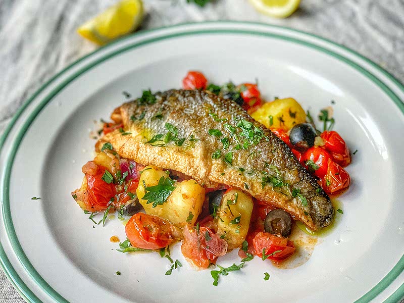 Pan Fried Sea Bass With Mediterranean Crushed Potatoes — Chris Baber