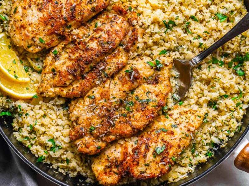 15Minute Garlic Butter Chicken with Parmesan Cauliflower Rice Recipe