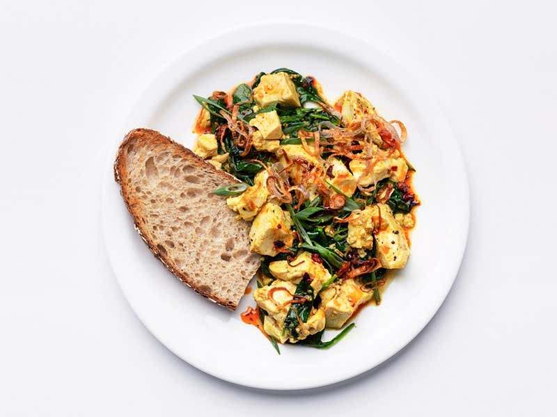 GingerScallion Tofu Scramble With Spinach and Chili Oil — Bon Appétit