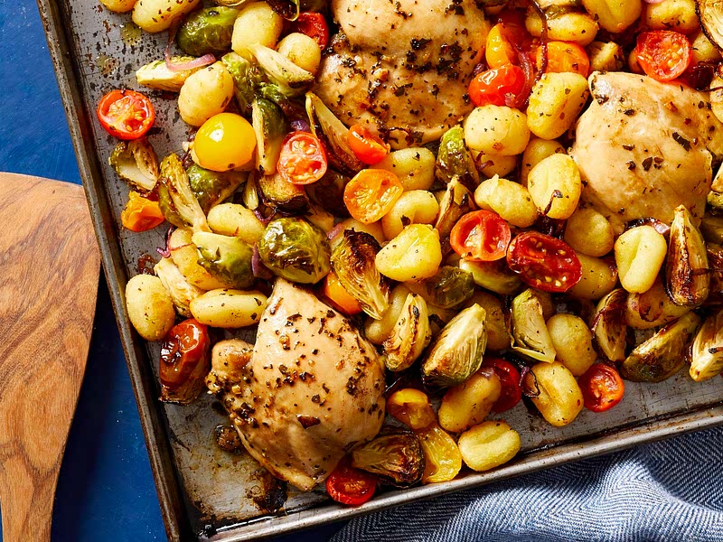 SheetPan Mediterranean Chicken, Brussels Sprouts & Gnocchi Recipe