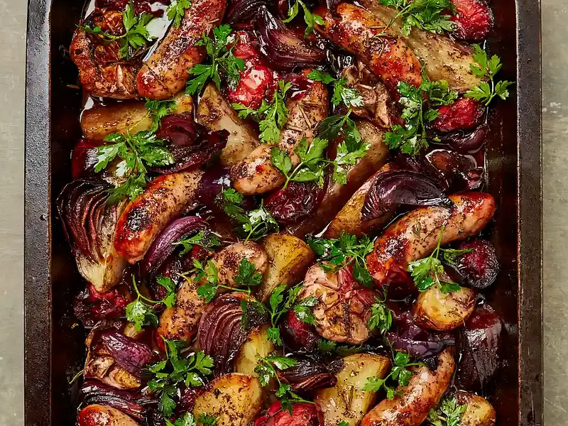 Sticky sweetandsour plums and sausages Recipe Samsung Food