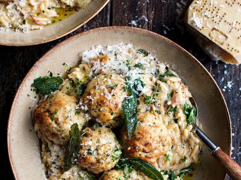 Baked Sage Chicken Meatballs with Parmesan Orzo Recipe Samsung Food