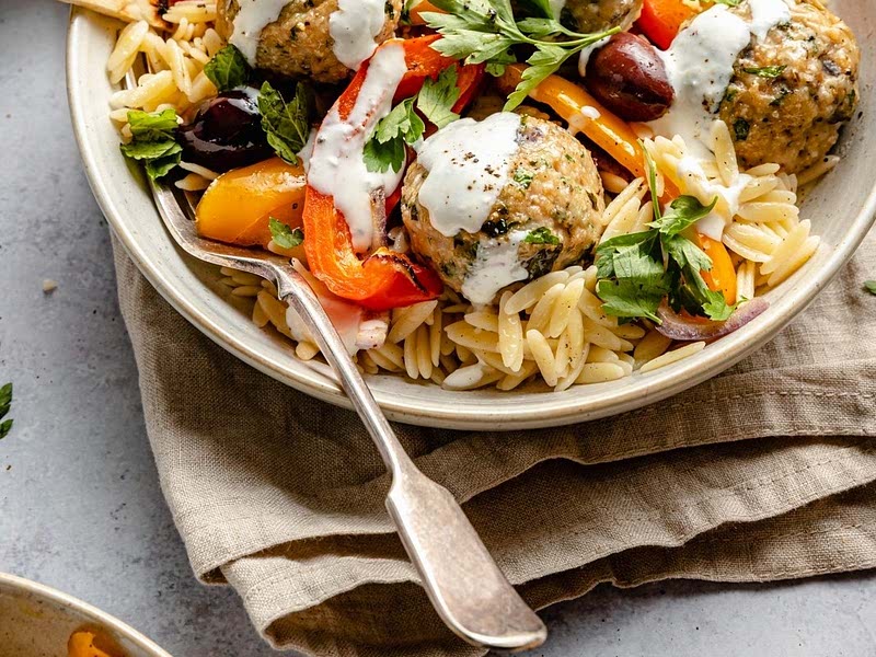 Greek Turkey Meatballs with Lemon Orzo & Creamy Feta Yogurt Sauce