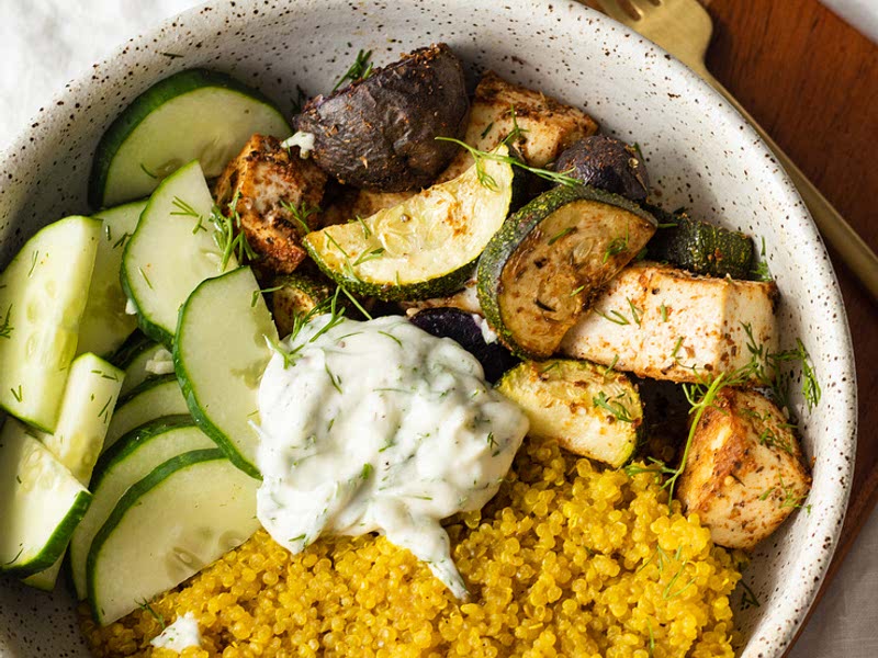 Mediterranean Tofu Buddha Bowl with Yellow Quinoa (vegan) Recipe