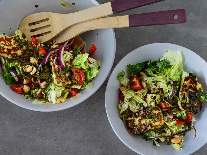 Halloumi Salad with Kale Chips and Cashews Recipe Samsung Food