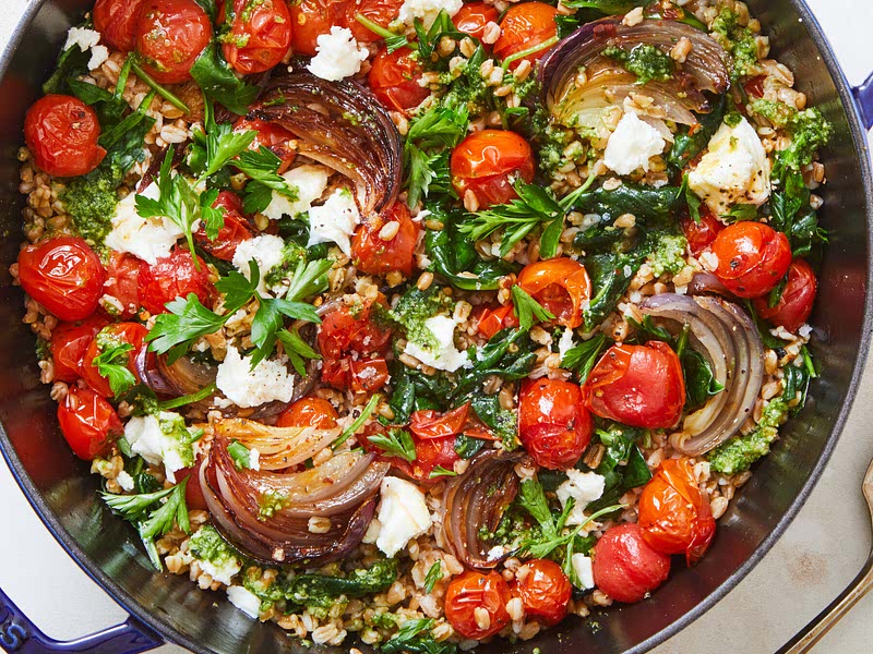 Farro With Blistered Tomatoes, Pesto and Spinach Recipe Samsung Food