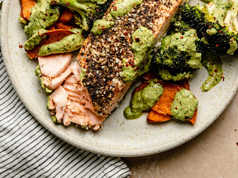 Sheet Pan Salmon and Veggies with Creamy Zhoug Recipe Samsung Food